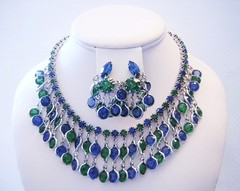 WEISS Lavish ADMIRAL BLUE & FOREST GREEN Rhinestones FRINGE Necklace & Earrings