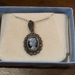 Vintage HAN Sterling Silver Marcasite Blue Mother of Pearl Cameo Necklace