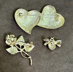 3 Vintage Goldtone Pins – Double Heart Signed Tona / Rose / Small Bumble Bee