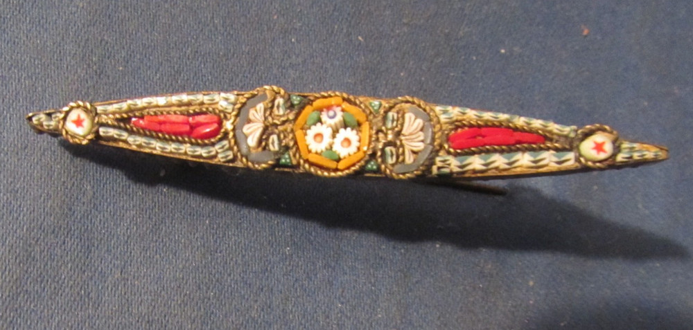 VINTAGE MICRO MOSAIC FLORAL BAR BROOCH PIN ITALY 2 1/2 INCHES