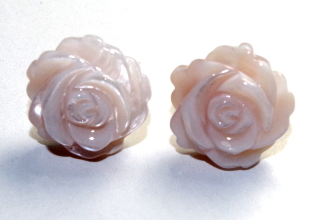 Carved Pink Rose Flower Conche Shell Mother of Pearl Fancy Stud Earrings 14k GF