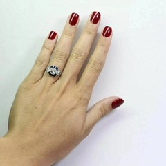 Art Deco Round Lab Created Diamond & Sapphire Wedding 14K White Gold Finish Ring