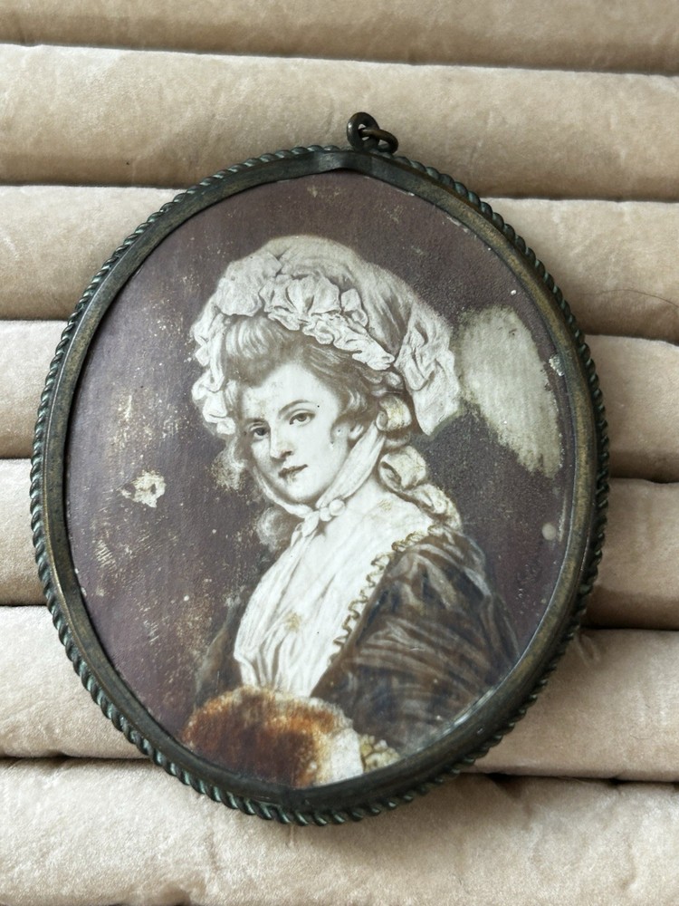 Antique Victorian Revival Cameo Portrait Pendant -Brass Frame Edwardian- Large