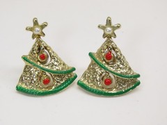 Christmas Trees Earrings Faux Pearl Enamel Pierced Vintage D3070