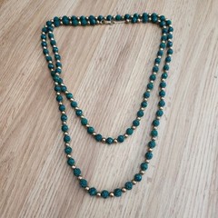 Vintage Green Carved Rose Plastic Bead Necklace Double Strand Gold Tone 56in