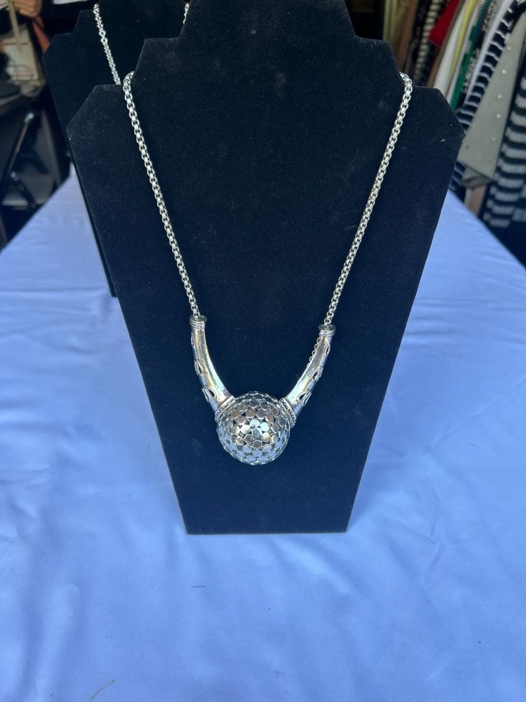 Vintage Silver Tone Ornate Cut-Out Ball Pendant Necklace with Scrollwork Accents