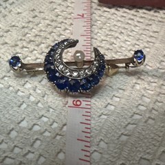 Late 19th Century MOON Sapphire, Diamond & Pearl Broach Set In 9-12k Gold w BOX