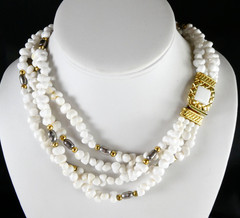 Vintage White Multi Strand Necklace Silver & Gold Spacers Ornate Clasp