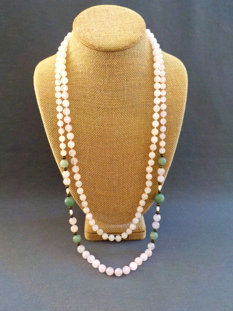 Light Pink Quartz & Green Stone (2) Single Strand Necklace Knotted Bead No Clasp