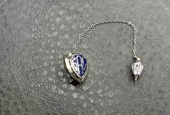 Vintage GAL Blue Enamel Sterling Silver Shield Crest Safety Pin Brooch Chain
