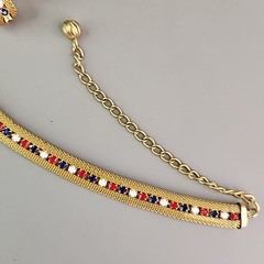 Mesh Necklace Huggie Clip Earrings Set Red White Blue Rhinestones Gold Tone 16″