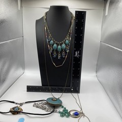 Necklace Lot Of 6 Teal Blue BOHO Eclectic Acrylic, Glass, Metal, Beads Estate