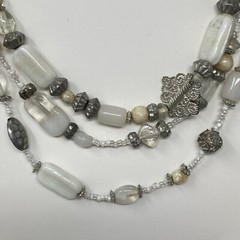 Layered Beaded Necklace Acrylic Glass White Silver Multi Strand Collar Boho 19″