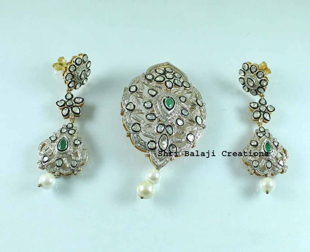 Natural RoseCut Diamond Pearl 925 Sterling Silver Pendant Earrings Jewelry Set