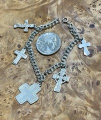 Vintage Sterling Silver Charm Bracelet with (5) Crosses 7” Long Look