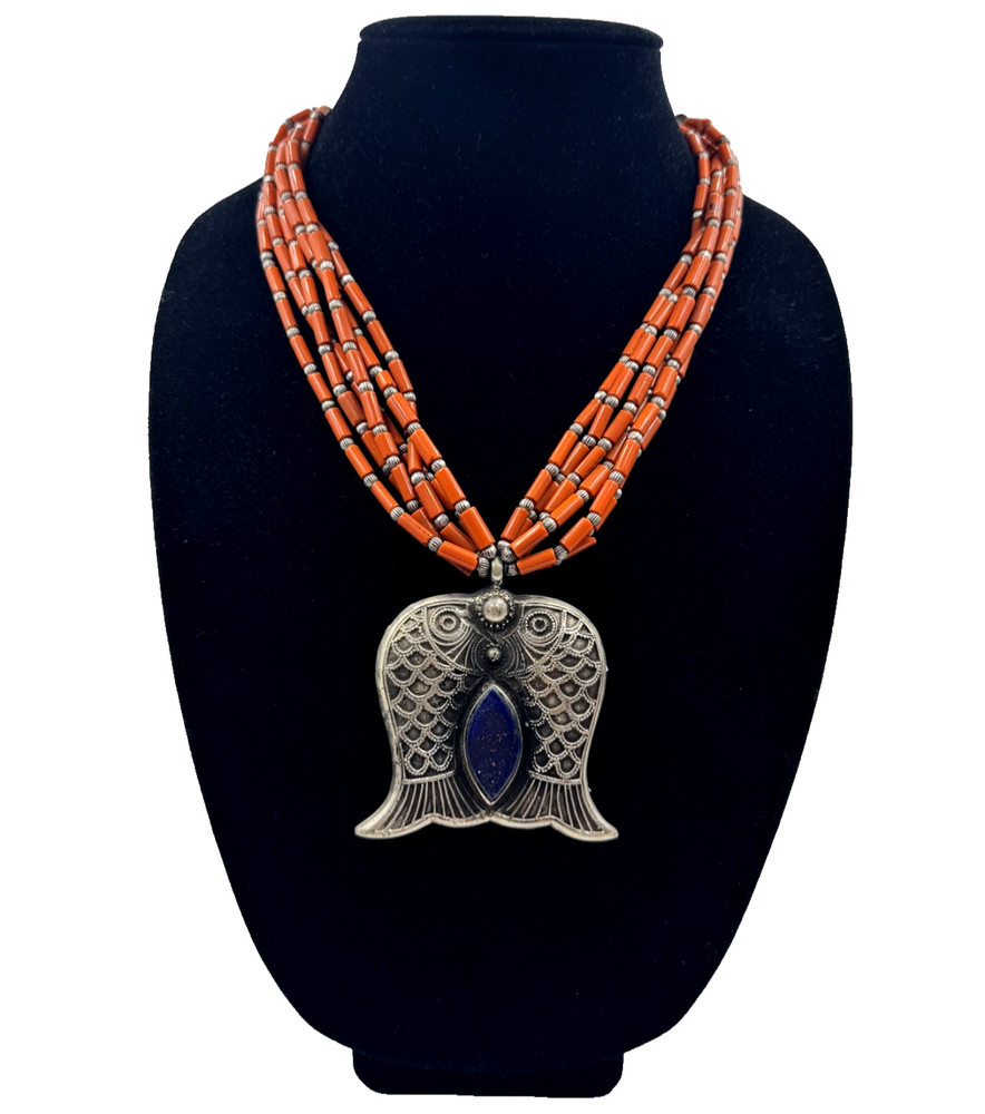 MOROCCAN BERBER JEWELRY NECKLACE FISH LAPIS LAZULI CORAL TUBE BEADS SILVER ALLOY