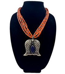 MOROCCAN BERBER JEWELRY NECKLACE FISH LAPIS LAZULI CORAL TUBE BEADS SILVER ALLOY