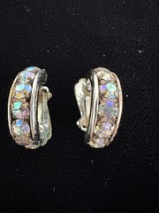 JJE205 Silver Plate Semi Circle Clip On Earrings w Colored zircons VTG