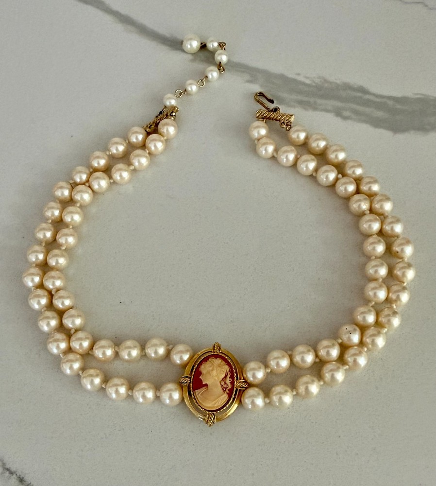 Vintage Double Strand Faux Pearl Cameo Necklace