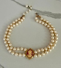 Vintage Double Strand Faux Pearl Cameo Necklace