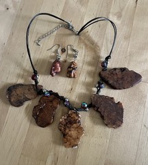 Brutalist Gemstone Necklace Chunky Slab Multi Charm Matching Earrings 18-21” Adj