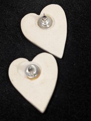 Vintage Artisan White Pink Blue Ceramic Heart Pierced Earrings Boho