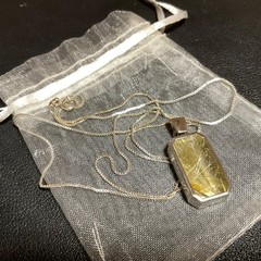 Vtg Golden Straw Rutilated Quartz Pendant Sterling Silver Necklace Box Chain 24”