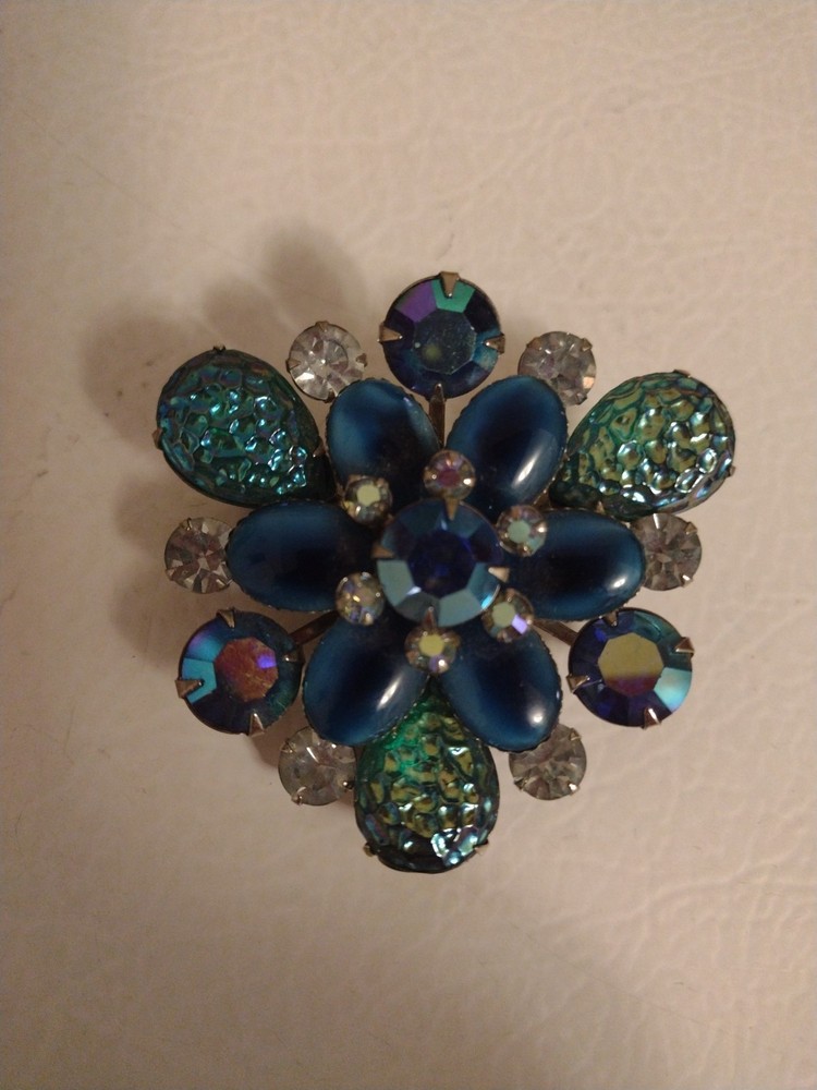 Vtg 60s Judy Lee Molded Peacock Riveted Aurora Borealis Iridescent Brooch Pin