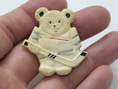 Vintage Child’s Brooch Badge “Hockey Bear” Made in USSR Plastic in 1980s Rare