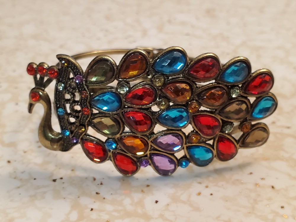 Vintage Peacock Clamper Bracelet Metal Multi-Colored Faceted Crystals Fashion