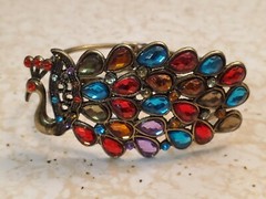 Vintage Peacock Clamper Bracelet Metal Multi-Colored Faceted Crystals Fashion