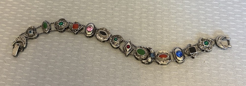 50s Vintage Victorian Revival Jeweled Slide Charm Bracelet Silvertone Enamel 7”