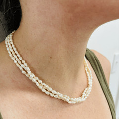 Vtg Genuine Fresh Water Rice Pearls Multi-strand Necklace Silver Stamped Clasp