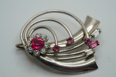 Vintage Silver Pink Rhinestone Flower Brooch / Pendant 4cm JB39