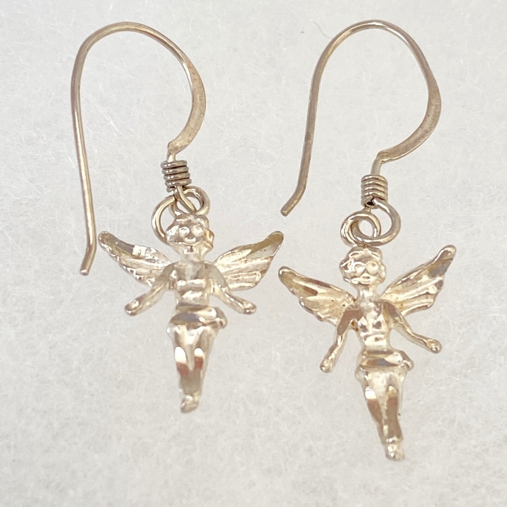 Vintage 925 Sterling Silver Fairy Angel Dangle Earrings