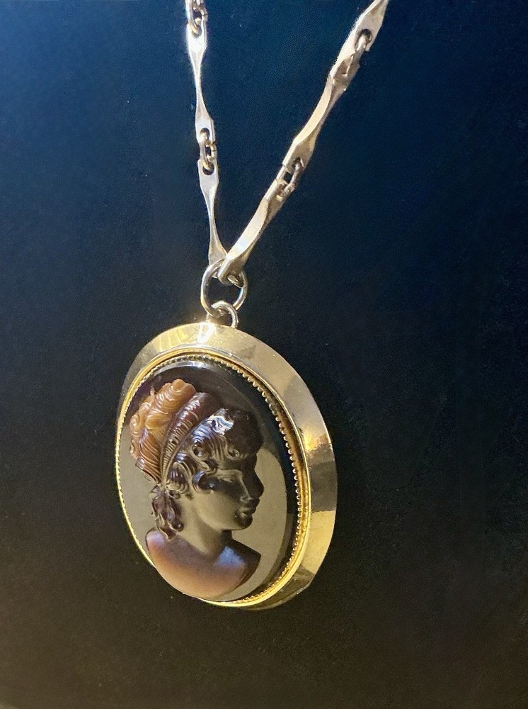 Vintage Victorian Revival Cameo 36” Necklace Pressed Glass Brown Lady