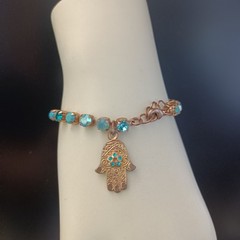 AMARO Tennis Bracelet Hamsa Turquoise Aqua Blue Crystals Gold Tone VTG Boho AB