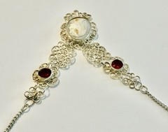 Antique Genuine Shell Cameo Faceted Red Stone Silver Tone Filigree Necklace