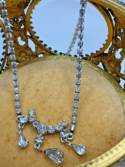 Vintage Clear Rhinestone Teardrop Dangle Necklace Silver Tone 16” Wedding Prom