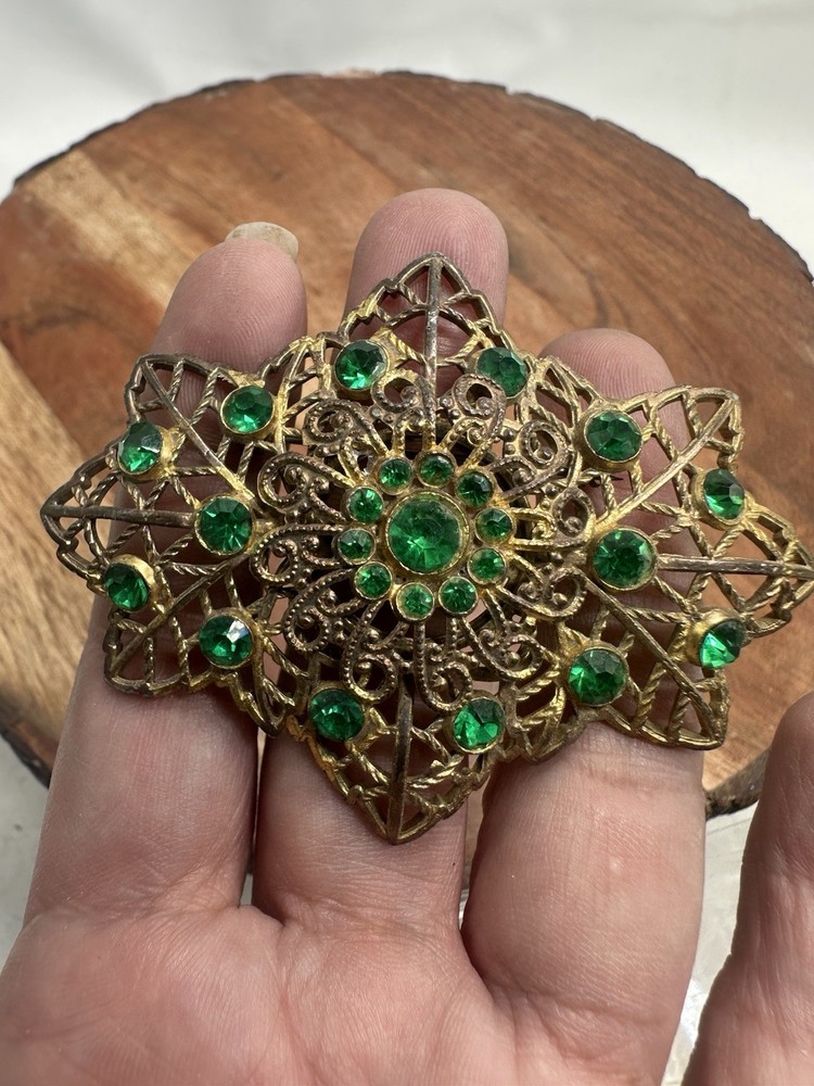 Vintage Czech Filigree Emerald Green Color Stones Rhinestones Brooch Pin Large