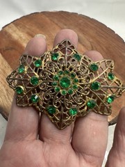 Vintage Czech Filigree Emerald Green Color Stones Rhinestones Brooch Pin Large