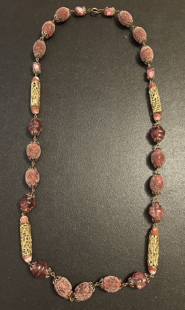 VTG Burgundy Glass Bead Necklace: Frit Sugared, Molded, Open Work Metal 26 In