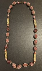 VTG Burgundy Glass Bead Necklace: Frit Sugared, Molded, Open Work Metal 26 In