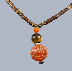 HEISHI BEADED NECKLACE Sterling Silver CARVED CARNELIAN BALL PENDANT Tiger’s Eye