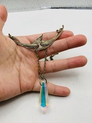 Vintage Style Art Nouveau Oxidized Brass Crane Bird w/ Rainbow Bead Necklace