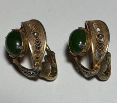 EARRINGS : Vintage Sorrento Filigree 12K Gold-filled – Green Jade – Clip-ons