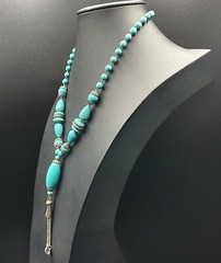 CHINESE TURQUOISE Necklace 70s Tassel Y-Drop 18” Silver Plated Statement #1 EUC