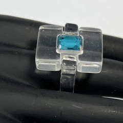 Modernist Lucite Ring Clear Blue Rhinestone Size 7.75-8 Chunky Post Modern