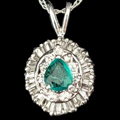 Vintage Emerald Baguette Cut Diamonds 14k White Gold Ballerina Pendant Necklace