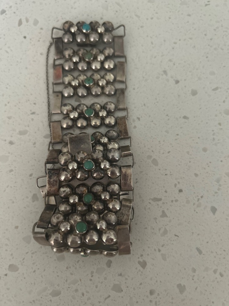 Vintage Silver Mexican Modernist Caviar Link Bracelet W/Small Cabochon Turq Ston
